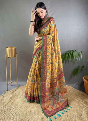 INDIE PICKS Kalamkari Mustard Saree